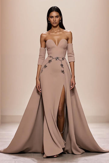 Champagne Sweetheart Appliqued Long Formal Dress with Slit